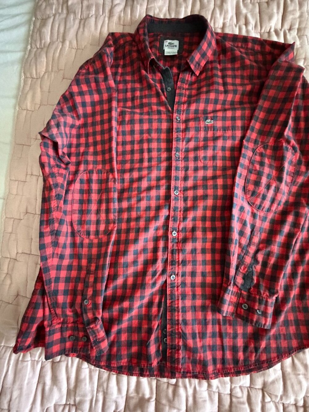 Lacoste Mens Button Down Shirt 46 Large XL Red Plaid cotton 100%